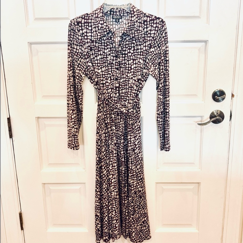 Black, cream, grey, and aubergine dress